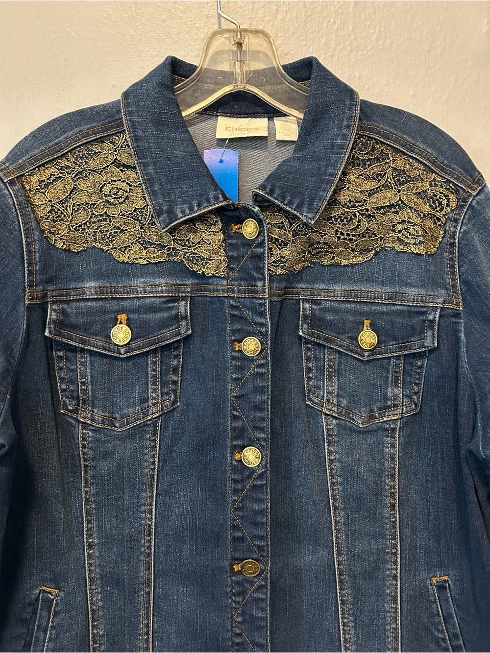 Chico's Dark Blue Denim Jacket with Gold Lace and Trim - Picture 4 of 7